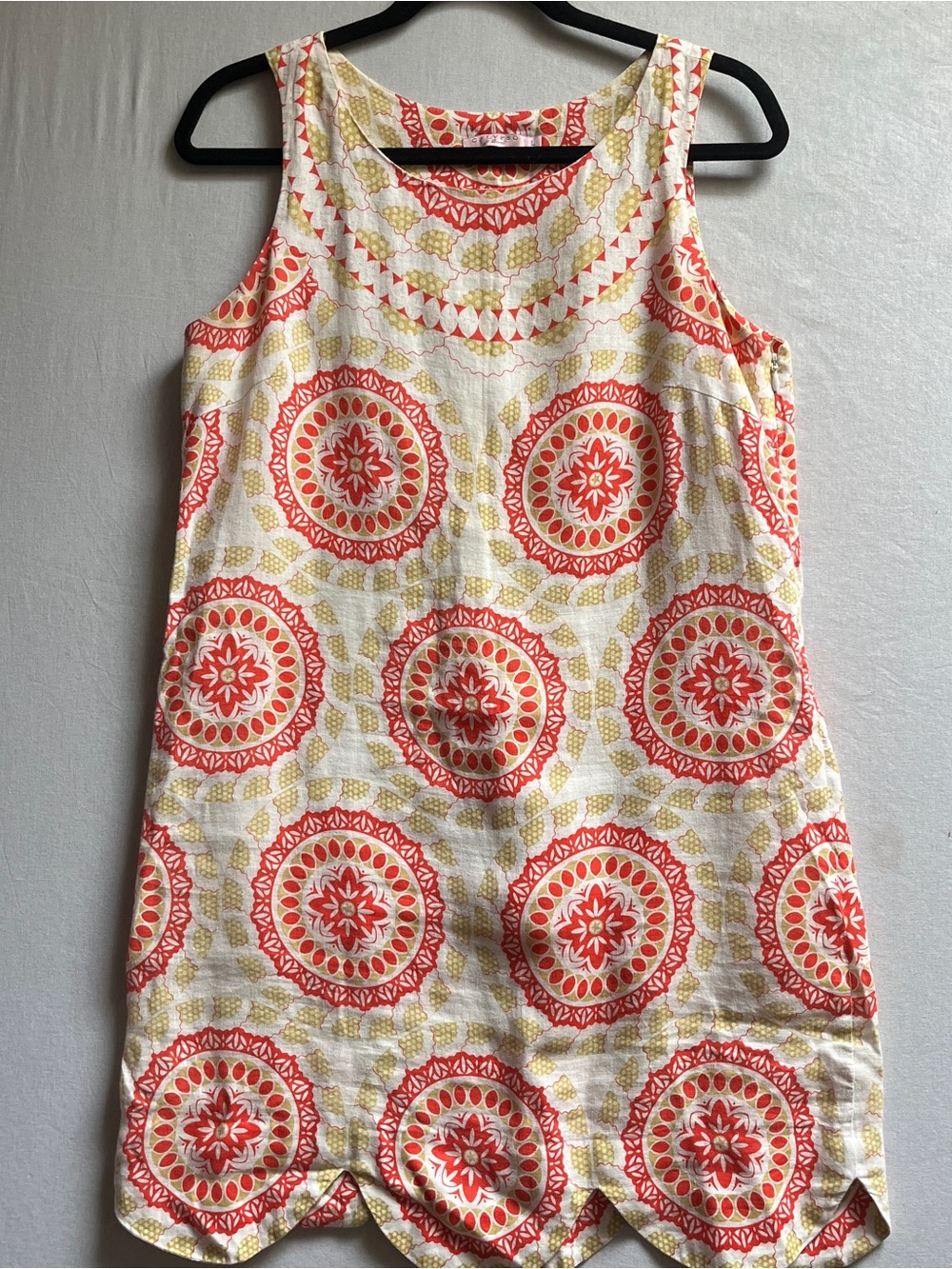 Calypso St Barth Medallion 100% Liinen Printed Scalloped Shift Dress Sz S